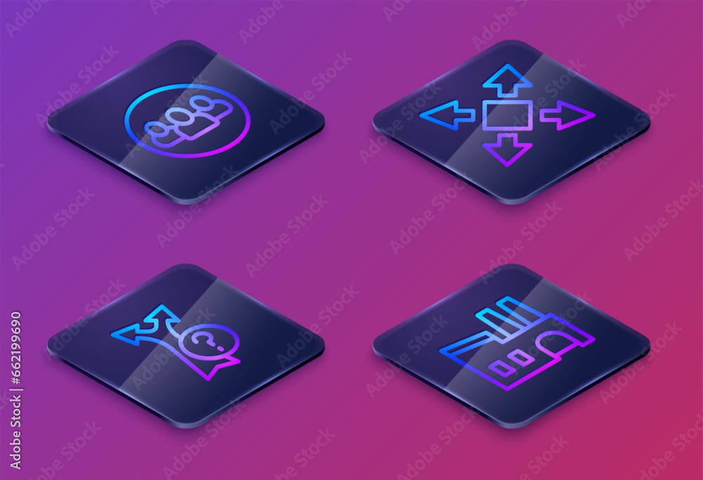 Poster set isometric line project team base, arrow, many ways directional arrow and factory. blue square bu
