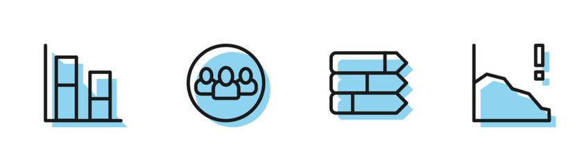 Set line Pie chart infographic, Graph, chart, diagram, Project team base and Financial growth decrease icon. Vector