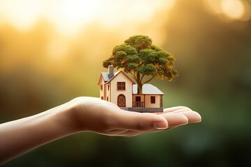 Homeownership concept. Hand holding house model. Real estate investment. Hands with home. Insurance and protection. Green concept