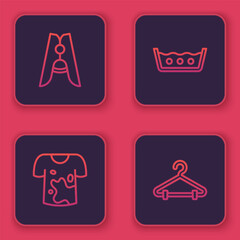 Set line Clothes pin, Dirty t-shirt, Temperature wash and Hanger wardrobe. Blue square button. Vector