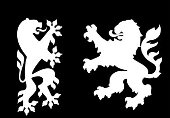 Wild beast lions fight battle vector silhouette illustration isolated on background. Heraldic lion. Animal symbol coat of arms. Seal of city in Europe. Shield Dresden VS Hessen Hesse. Germany towns. - obrazy, fototapety, plakaty