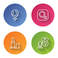Set line Feminism in the world, Female gender, Lipstick and Microphone. Color circle button. Vector