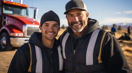 Obraz premium Family Business: A father and son trucking team standing proudly beside their semi, highlighting the legacy of the profession.