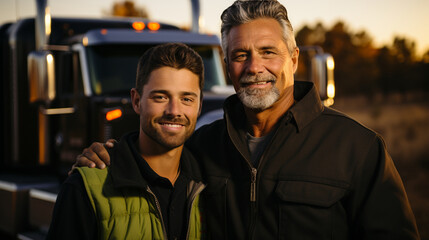 Family Business: A father and son trucking team standing proudly beside their semi, highlighting the legacy of the profession.