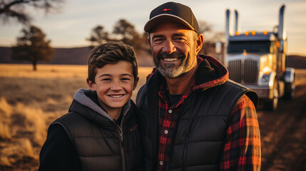 Family Business: A father and son trucking team standing proudly beside their semi, highlighting the legacy of the profession.
