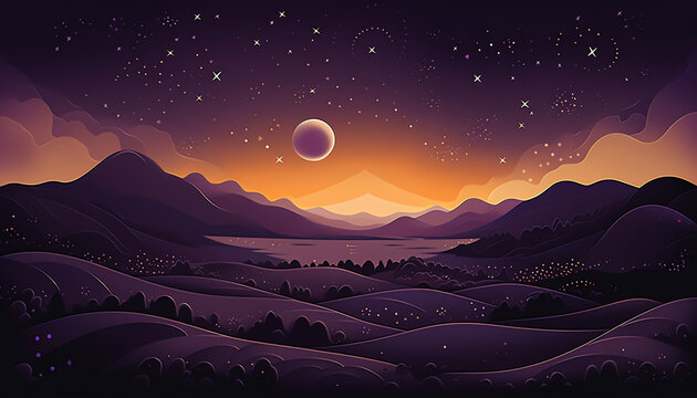 Berglandschaft in violett mit Mond