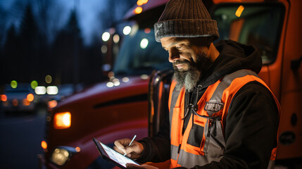 Safety First: A trucker performing a safety check before hitting the road, highlighting the commitment to safe transport.