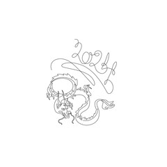 2024 lettering chinese dragon eastern calendar new year continuous line drawing, calligraphy, isolated vector illustration, tattoo, print, logo design, silhouette single line on white background. 