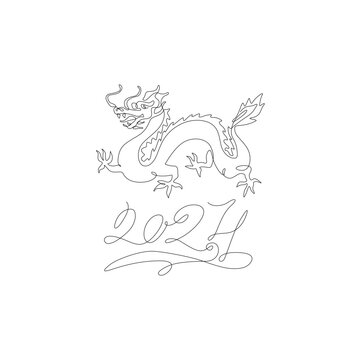 2024 Lettering Chinese Dragon New Year, eastern calendar continuous line drawing, calligraphy, isolated vector illustration, tattoo, print, logo design, silhouette single line on white background. 