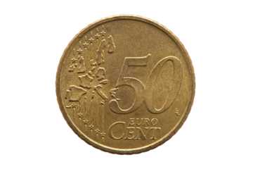 Fifty cent euro coin of Germany dated 2002 a German currency which has the Brandenburg Gate in Berlin on the reverse, stock photo png file cut out and isolated on a transparent background