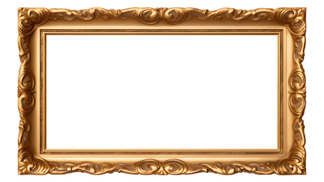 Gold gilded landscape picture frame with an empty blank canvas for use as a border or home décor,  stock photo png file cut out and isolated on a transparent background 