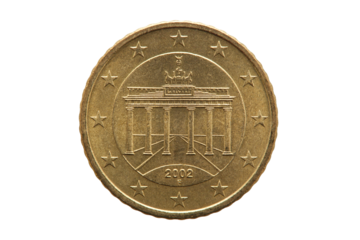 Fifty cent euro coin of Germany dated 2002 a German currency showing the Brandenburg Gate in Berlin on the reverse, stock photo png file cut out and isolated on a transparent background