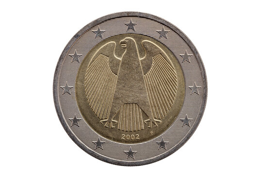 Two euro coin of Germany which is a German currency, showing an eagle on the reverse back, stock photo png file cut out and isolated on a transparent background