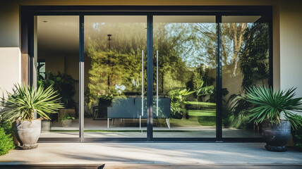 Luxury house exterior, modern design, living room and garden generativa IA