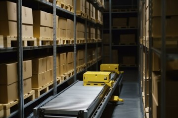 Close-up of automated warehouse robot retrieving boxes from racks using magnetic plate. Industrial AGV technology. Generative AI - obrazy, fototapety, plakaty
