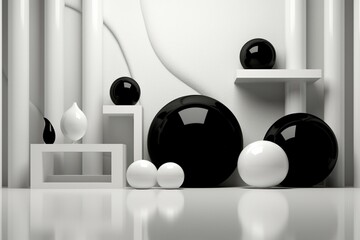 Abstract white interior with black smooth objects. Generative AI
