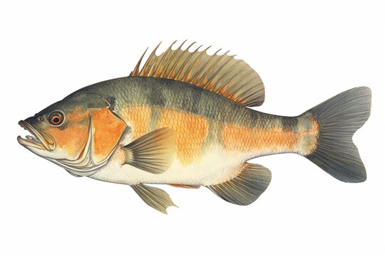 Colorful illustration of European perch, side view of the fish with multicolored skin, isolated on white background. By Edward Donovan, London 1802. Generative AI