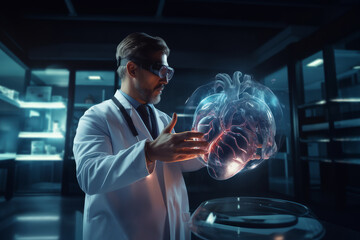 A doctor uses a virtual reality headset and augmented reality in medicine to conduct research, study the human heart.  