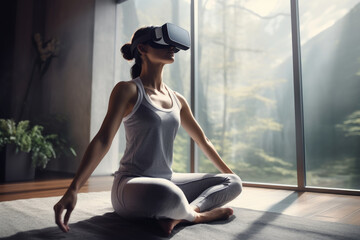 A young girl in virtual reality glasses is doing yoga and meditation on the floor in an apartment.