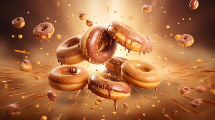 A studio-quality photograph showcasing a mix of flying donuts in various sizes, all set against a radiant gold background