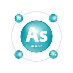 Icon structure Arsenic (As) chemical element round shape circle dark green with surround ring Number shows of energy levels of electron. Study science for education 3D Illustration vector.