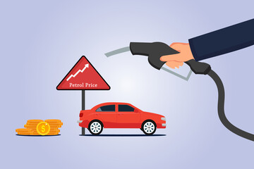 Petrol price vector concept. Hand with nozzle, car, and coins