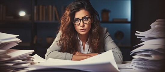 Hispanic female manager working on important office paperwork while HR evaluates a job applicant s resume With copyspace for text - obrazy, fototapety, plakaty