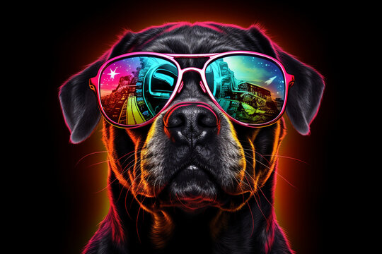 cute dog wearing glasses combination of neon lights, black background, 3d rendering, AI generative 