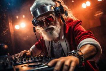Dj Santa Claus at Christmas party featuring in a festive outfit, mixing tracks on a mixer. The...