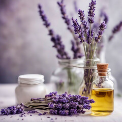 Glass bottle of Lavender essential oil with fresh lavender flowers and dried lavender seeds on white wooden rustic table, aromatherapy spa massage concept. Lavendula oleum