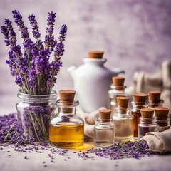 Glass bottle of Lavender essential oil with fresh lavender flowers and dried lavender seeds on white wooden rustic table, aromatherapy spa massage concept. Lavendula oleum