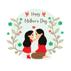 Happy mother's day greeting card with cute little girl kissing her mother. Vector illustration.