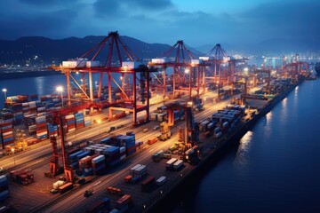 Vibrant and busy cargo port with ships, cranes, and containers
