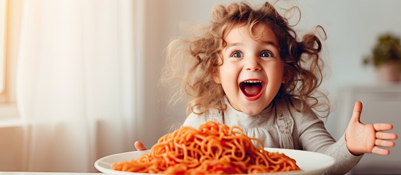 Happy preschooler girl enjoying a delicious and healthy pasta meal at home With copyspace for text