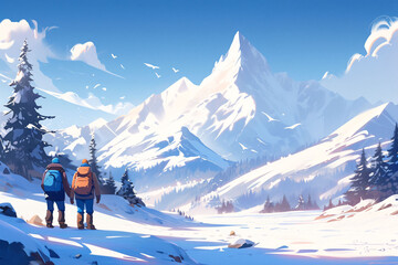 Winter hiking, winter outdoor sports travel tourist attractions activities illustrations