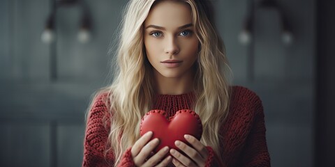 Young woman holding heart against grey background
