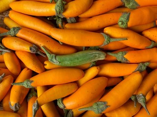 Food and vegetable concept. A crop of yellow eggplants gathered on a bamboo tray.