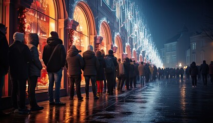 Shoppers stand in line at a Christmas store. People lining up for christmas by store windows outside. - obrazy, fototapety, plakaty