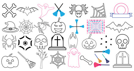 Set of silhouettes of Halloween on a white background. Halloween silhouette character set collection for celebration