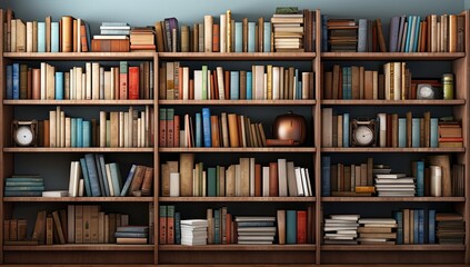 Stacked books on a library book shelf. Front view. - obrazy, fototapety, plakaty