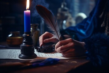 Hand write ink feather. Writing at evening in dark room with burning candle. Generate Ai - obrazy, fototapety, plakaty