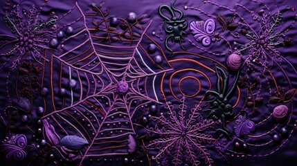 Embroidered Halloween background, spider web.