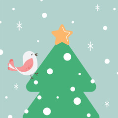 Cute Bird at Christmas tree and snowfall. Greeting card design. Merry chrismas and winter season. 