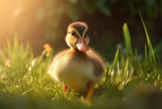 cute ducklings in the garden with blurred background and sunlight. generative ai