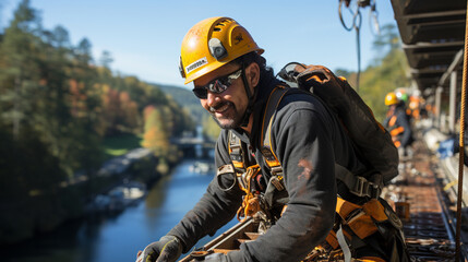 Obraz premium Bridging the Gap: A bridge construction worker poised high above a river, working on the structure's critical supports.