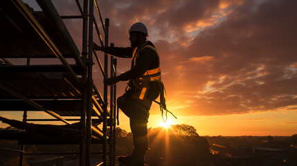 Silhouette of Labor: A worker's silhouette at sunrise, atop a construction scaffold, laboring against a stunning sky.