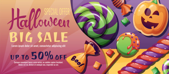 Discount banner design with sweets and pumpkin cookies. Halloween sale, discount voucher. Template for banner, poster, flyer, advertisement.
