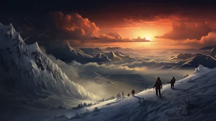 Foto op Plexiglas Bright sunset in the snowy mountains, people climbing on the top, alpenism © Viktorikus