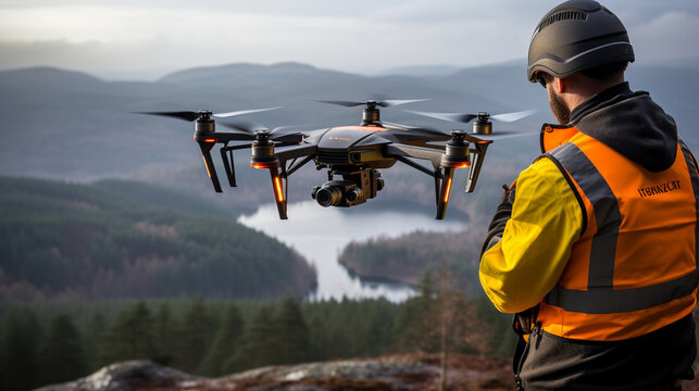 Aerial Photography: A drone operator capturing aerial images of a dramatic landscape, highlighting modern technology's role in working at heights.