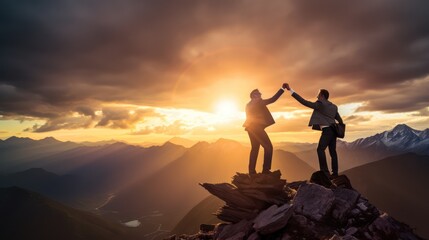 Silhouette of two businessmen cheering together on the top of mountain with a morning sky and sunrise and enjoys the moment of success.